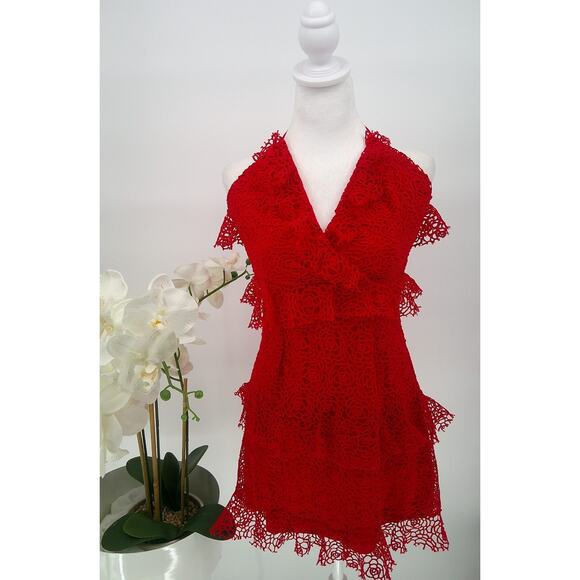 Selfie Leslie Dresses & Skirts - Selfie Leslie Womens Red Floral Crochet Ruffle Lined Fairy Mini Dress Size M